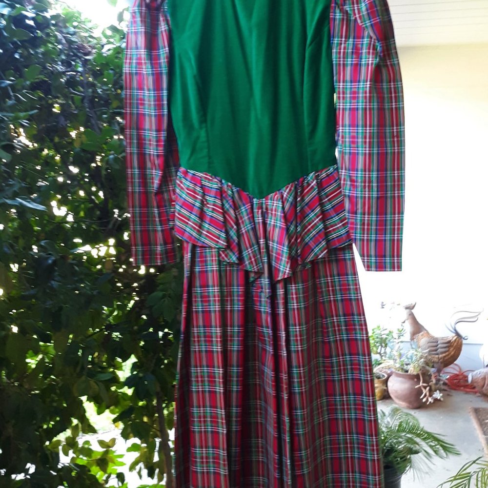 Vintage Festive Peplum Christmas Dress Taffeta Plaid and Velveteen Small